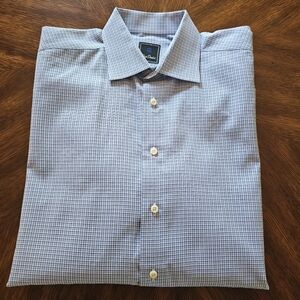 David Donahue Blue and White Check Weave Men's Dress Shirt Neck 17.5